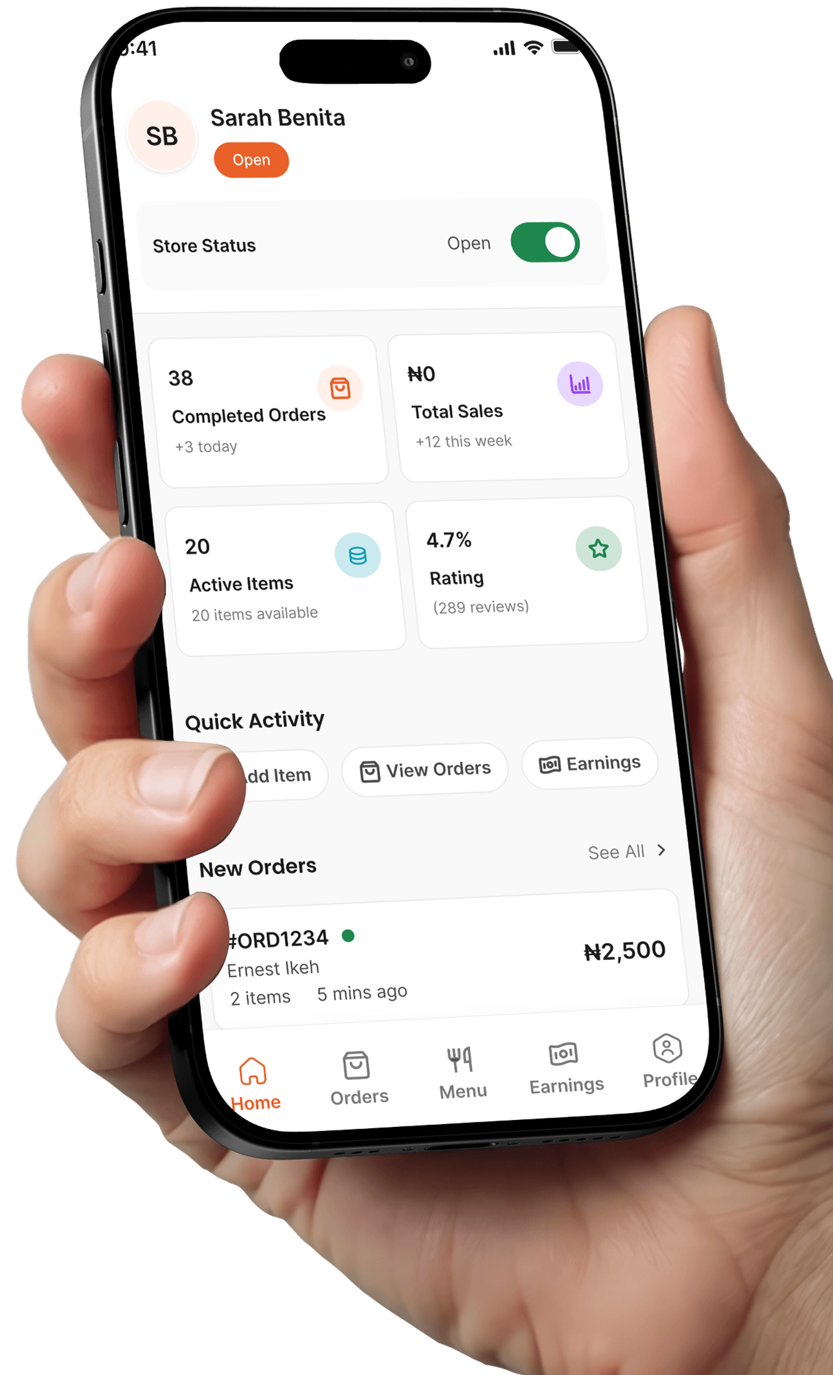 Hand holding phone showing Craveit vendor app